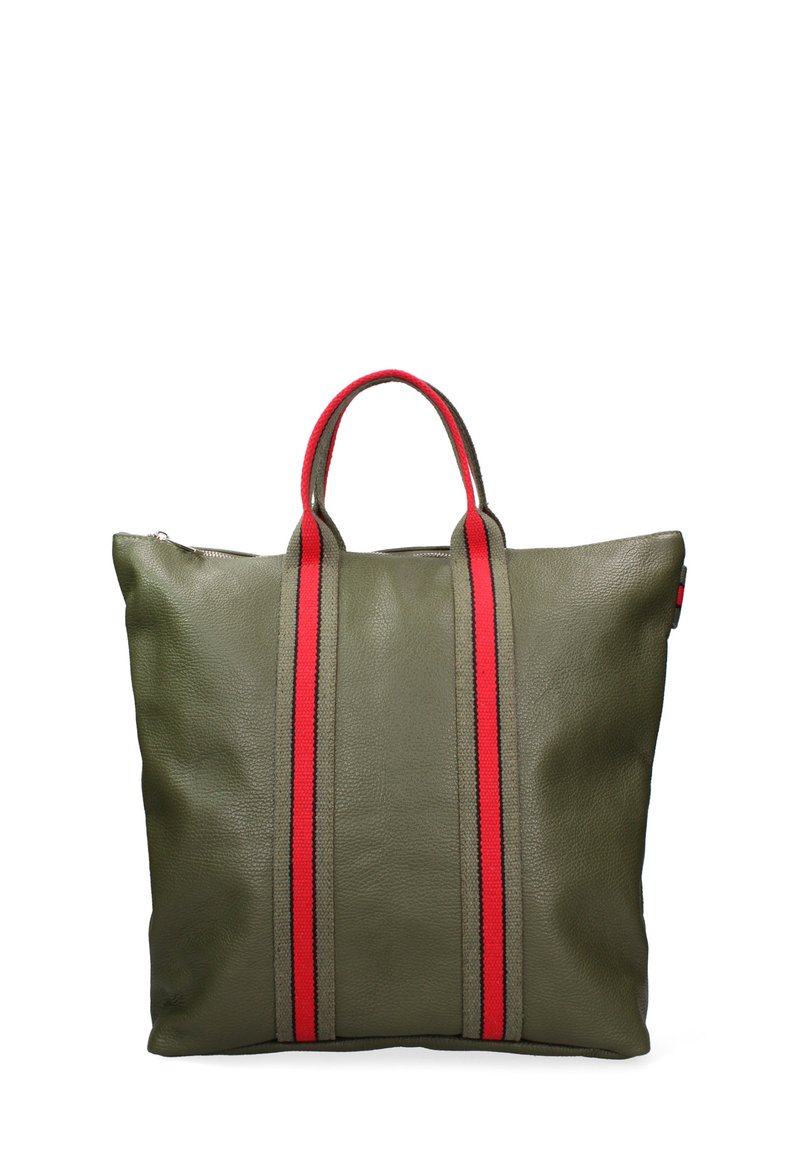 Borsa a spalla in pelle verde oliva con manici a strisce rosse e grigie, chiusura con zip e superficie morbida e testurizzata.