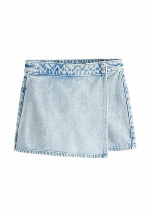 Hellblauer Jeans-Minirock mit überschlagener Vorderseite und dezenten dunkleren Blautönen entlang der Kanten und des Taillenbunds.