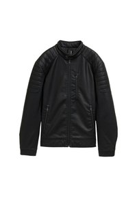 Giacca in pelle nera con colletto alto, dettagli a coste sulle spalle, chiusura frontale con zip e tre tasche con zip. Texture morbida.