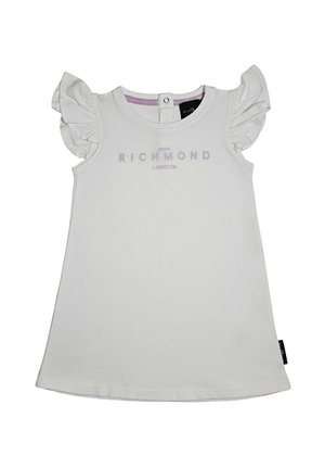 Vestito bianco per bambino piccolo con maniche a volant, chiusura con bottoni sul collo e scritta "John Richmond London" in viola chiaro sul davanti.