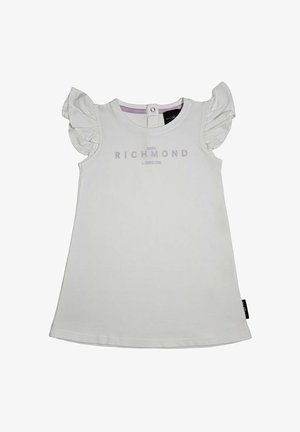 Vestito bianco per bambino piccolo con maniche a volant, chiusura con bottoni sul collo e scritta "John Richmond London" in viola chiaro sul davanti.