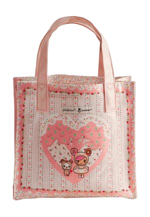 Pink and white tote bag with sprinkles border, heart-shaped tree design, and two cartoon characters wearing bear and donut costumes.