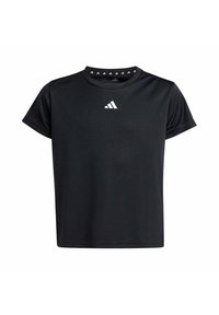 Schwarzes Sport-T-Shirt aus feuchtigkeitsableitendem Material, mit rundem Halsauschnitt, kurzen Ärmeln und einem weißen Adidas-Logo auf der Brust.