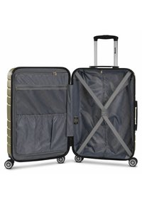 Valigia rigida di colore oro metallizzato con interno grigio. Dotata di due scomparti, tasca in rete e cinturini elastici. Quattro ruote per una facile mobilità.