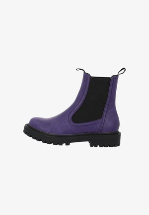 Stivaletto Chelsea in pelle viola con pannelli laterali elastici neri, suola carrarmato nera e linguette di tiraggio davanti e dietro alla caviglia.
