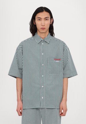 Green and white gingham short-sleeve shirt with a button-down collar and front pocket. Features red "Fiorucci" embroidery. Cotton fabric.