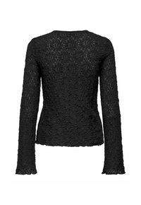 Maglietta nera a maniche lunghe, aderente in pizzo con motivo floreale e bordi scallop, mostrata da dietro su uno sfondo bianco.