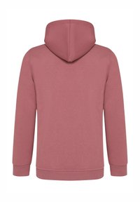 Sweatshirt à capuche en rose poussiéreux, avec une texture douce et lisse, des poignets côtelés et une couture centrale le long du dos.