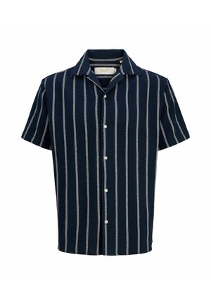 Mørkeblå kortærmet skjorte med knapper og hvide lodrette striber samt krave i lejr-stil.