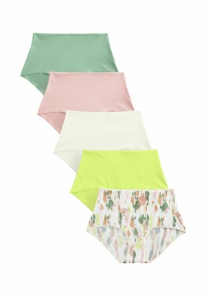 Vijf paren damesondergoed in verschillende kleuren: mintgroen, roze, wit, neongeel en een gemusterde stof met pastelkleuren.