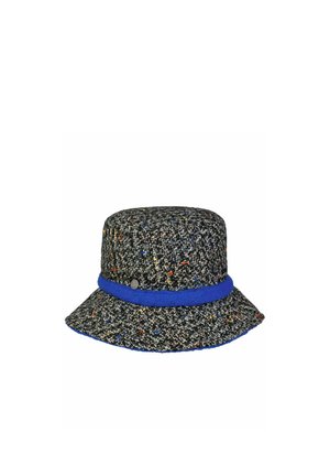 Grauer Tweed-Anglerhut mit blauem Rand und kleinen multicolor Fadenakzenten, mit einem blauen Band um den Rand.