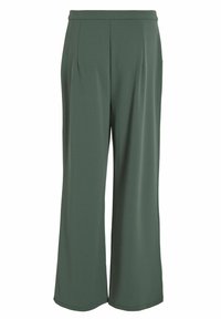 Pantalones de pierna ancha en tejido verde oscuro, con pliegues en la parte delantera, textura suave y cinturilla lisa.