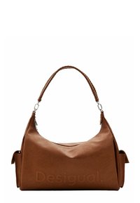 Borsa a tracolla in ecopelle marrone con silhouette curva, manico intrecciato e logo "Desigual" in rilievo sul davanti. Chiusura con zip.
