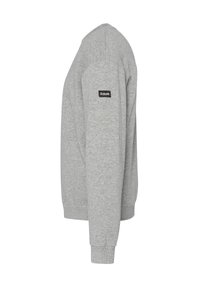 Grauer Sweatshirt aus weichem Stoff, mit Rundhalsausschnitt, langen Ärmeln, gerippten Bündchen und einem kleinen schwarzen Etikett am linken Ärmel.