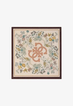 Square scarf with beige background, central interlocking GUESS logo, surrounded by colorful floral illustrations and dark brown border.