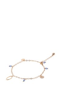 Gouden armband met ronde schakels, blauwe kralen en decoratieve bedels. Inclusief een verstelbare ketting voor aanpasbare lengte.