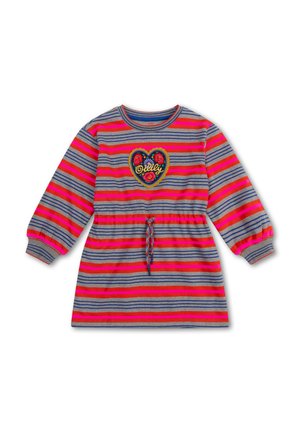 Gestreepte jurk in grijs, roze en blauw. Voorzien van een hartvormig geborduurd ontwerp en een taille met trekkoord en gevlochten details. Lange mouwen.