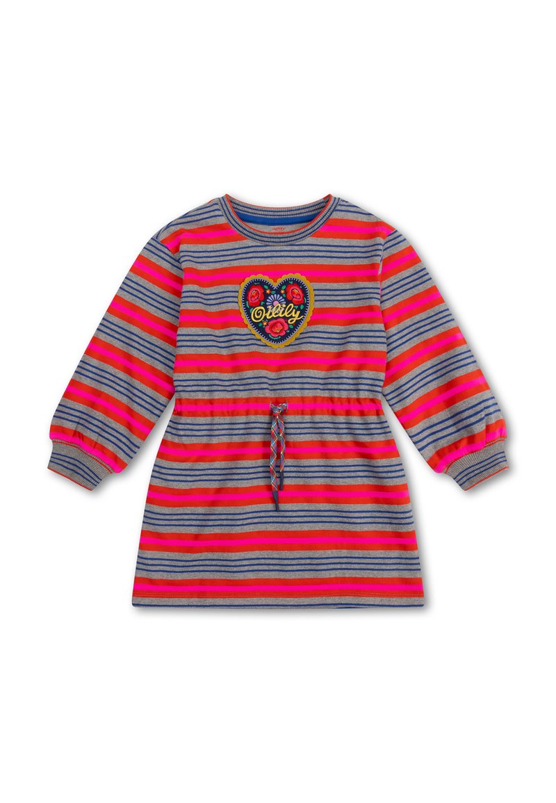 Gestreepte jurk in grijs, roze en blauw. Voorzien van een hartvormig geborduurd ontwerp en een taille met trekkoord en gevlochten details. Lange mouwen.