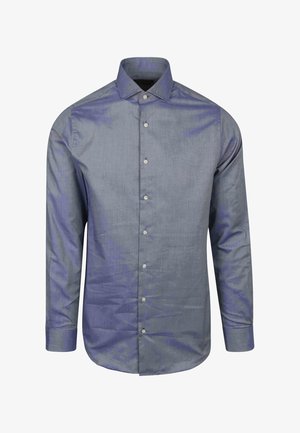 Donkerblauwe lange mouwen overhemd van stof met subtiele glans, voorzien van een gespreide kraag en zilveren knopen aan de voorkant.