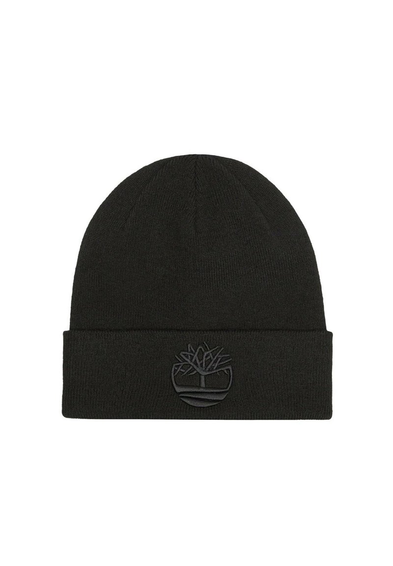 Berretto di maglia nero con risvolto. Caratterizzato da una finitura testurizzata e un logo in gomma nera di un albero sul davanti.