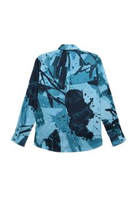 Long-sleeve button-up shirt with an abstract blue and black splatter paint pattern, shown from the back.