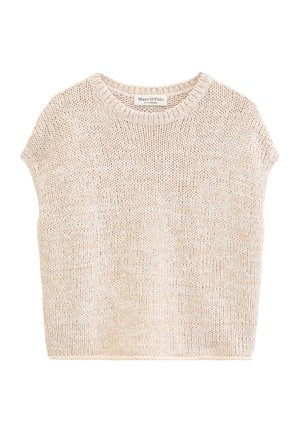 Beiger kurzärmeliger Pullover aus strukturiertem Garn mit Rippenstrick-Rundhalsausschnitt, mit dem Etikett Marc O’Polo.