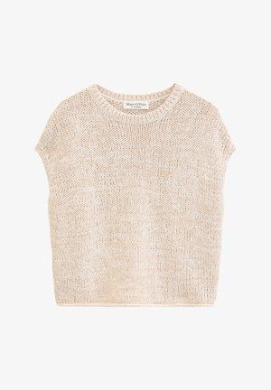 Beiger kurzärmeliger Pullover aus strukturiertem Garn mit Rippenstrick-Rundhalsausschnitt, mit dem Etikett Marc O’Polo.