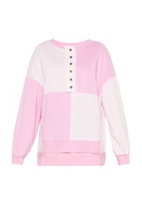 Růžový a bílý sweatshirt s barevnými bloky, kulatým výstřihem, zapínáním na knoflíky a dlouhými, nabíranými rukávy. Vyrobeno z měkké tkaniny.