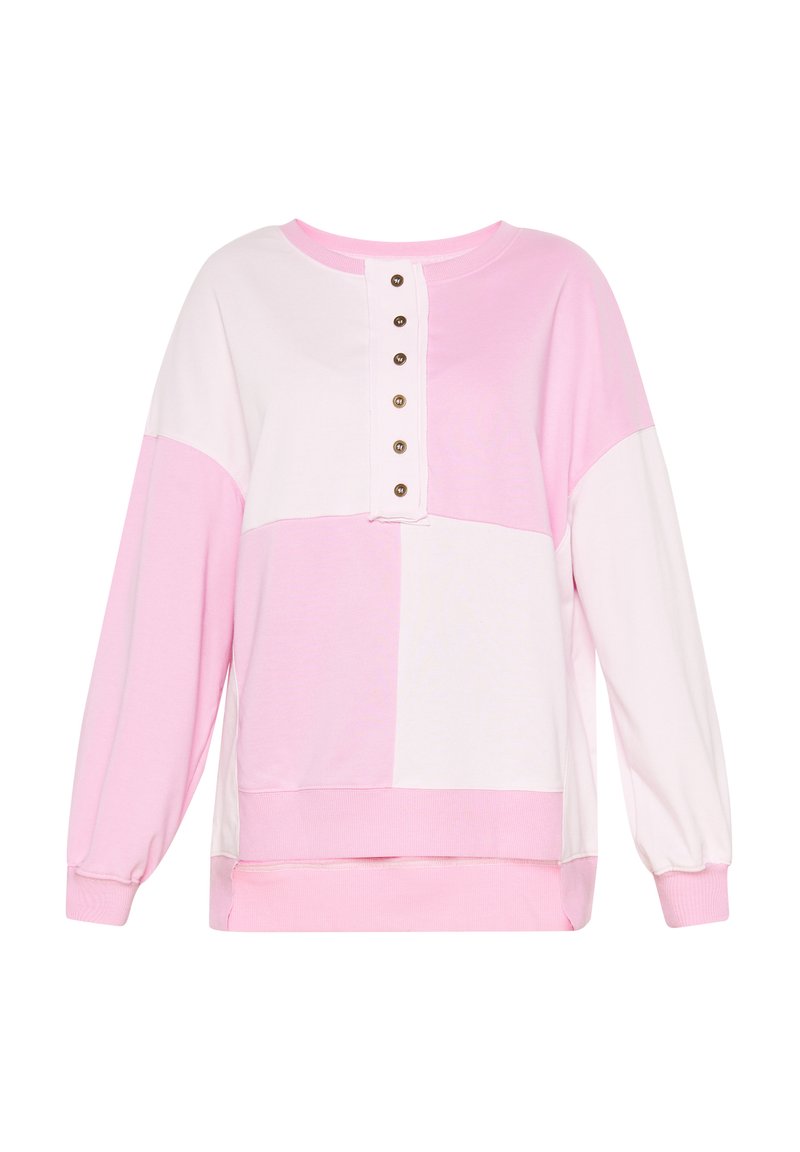 Růžový a bílý sweatshirt s barevnými bloky, kulatým výstřihem, zapínáním na knoflíky a dlouhými, nabíranými rukávy. Vyrobeno z měkké tkaniny.
