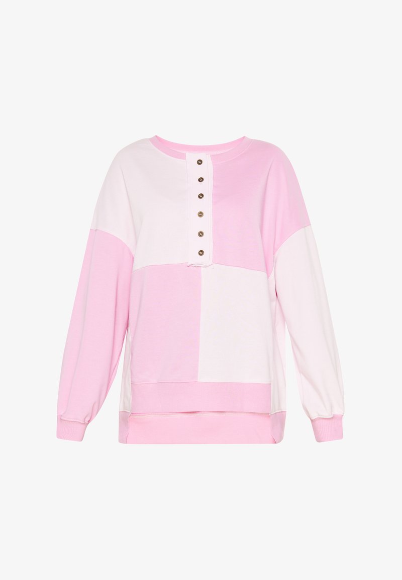 Růžový a bílý sweatshirt s barevnými bloky, kulatým výstřihem, zapínáním na knoflíky a dlouhými, nabíranými rukávy. Vyrobeno z měkké tkaniny.