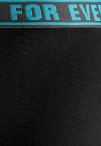 Black fabric with a gray waistband featuring turquoise text "FOR EVE" and a thin turquoise stripe below the text.