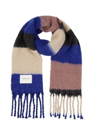 Blødt strikket tørklæde med brede vandrette striber i blå, beige, brun og sort, med frynser i enderne og et lille hvidt mærke.