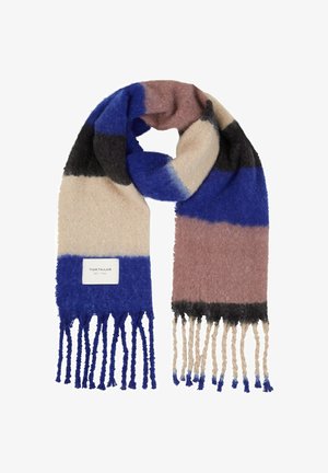 Écharpe en maille douce à larges rayures horizontales bleu, beige, marron et noir, avec des extrémités à franges et une petite étiquette blanche.