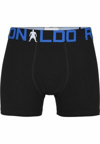 Černé pánské boxerky s modrým pasem, na kterém je text "RONALDO" a bílá silueta stojící osoby.