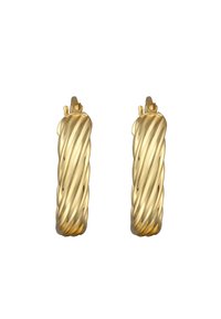 Goldfarbene Creolen mit einem gewundenen Design. Glatte Textur mit glänzendem Finish, ausgestattet mit einem sicheren Verschluss an der Oberseite.