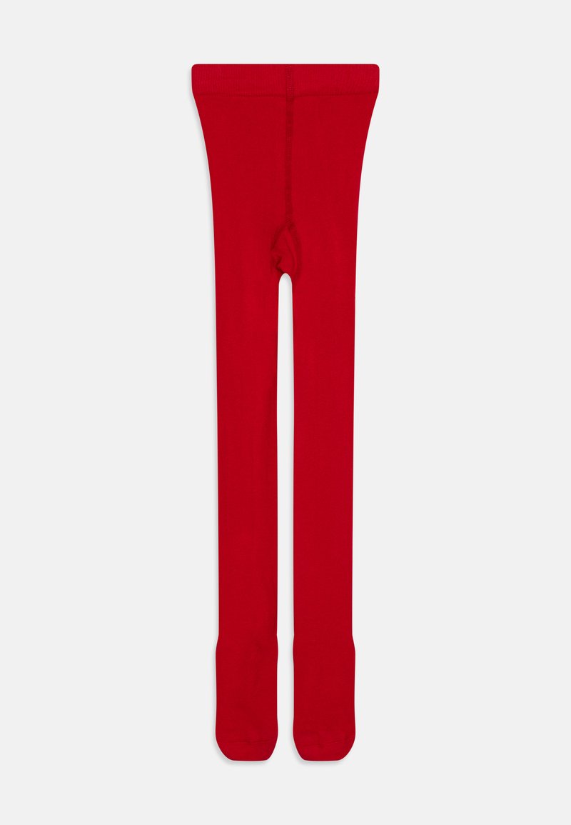 Rote Strumpfhosen aus dehnbarem Material, mit glatter Textur, nahtlosem Design und eng anliegender Form. Keine Muster oder Akzente.