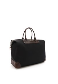 Sac à main en nylon noir avec des accents en cuir embossé crocodile marron et des poignées rondes. Dispose d'une fermeture éclair et d'une forme rectangulaire.
