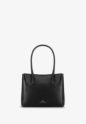 Borsa tote in pelle nera con superficie testurizzata, due manici allungati e un logo sottile alla base, caratterizzata da una forma rettangolare.