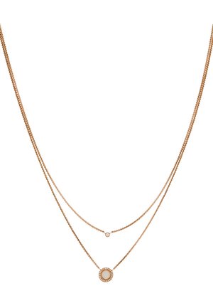 Rose gold layered necklace featuring two chains; the lower chain includes a circular pendant with a polished stone and decorative stones.