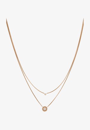 Rose gold layered necklace featuring two chains; the lower chain includes a circular pendant with a polished stone and decorative stones.