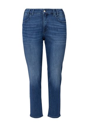Blaue Denim-Jeans mit geradem Bein, Gürtelschlaufen, Frontknopf, Reißverschluss und Fünf-Taschen-Stil.