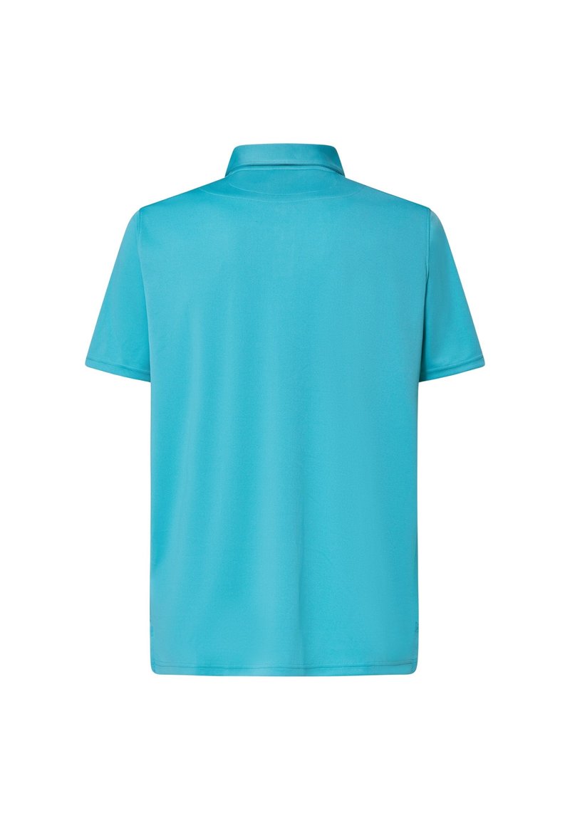 Polo à manches courtes d'un turquoise vif, confectionné en matière synthétique lisse. Il présente un col classique et une coupe droite.