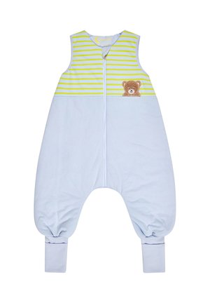 Ärmelloser Baby-Strampler mit hellblauem Unterteil, gelb gestreiftem Oberteil, Reißverschluss vorne und Teddybär-Aufnäher auf der Brust.