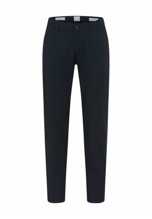 Schwarze Hose aus glattem, elastischem Stoff. Verfügt über einen vorderen Knopfverschluss, Gürtelschlaufen und ein schlankes Design mit zulaufenden Beinen.