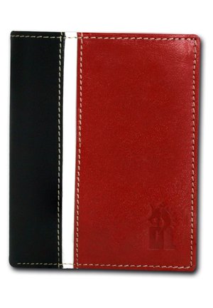Leather wallet featuring a black side with white stitching and a red side with a smooth texture, embossed detail, and contrasting color design.