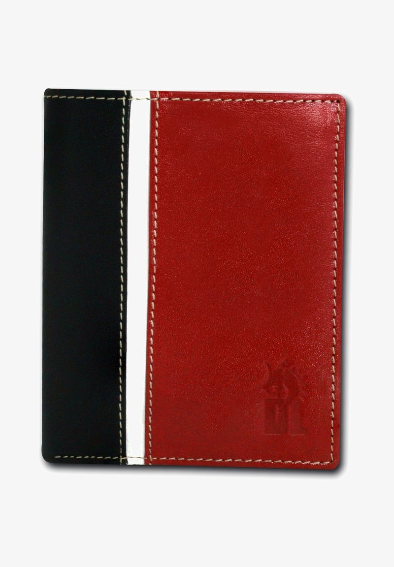 Leather wallet featuring a black side with white stitching and a red side with a smooth texture, embossed detail, and contrasting color design.