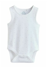 Hvid babyheldragt med lyseblåt stjernemønster, ærmeløs model, rund halsudskæring og trykknaplukning i bunden. Blødt bomuldsmateriale.