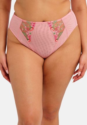 Roze slips met hoge taille, voorzien van bloemenborduurwerk op meshpanelen, met een gladde textuur en een klassieke snit voor comfort en pasvorm.