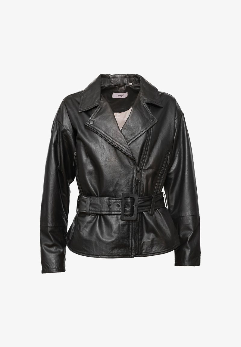 Schwarze Leder-Motorradjacke mit tailliertem Schnitt, breiten Reverskragen und Reißverschlusstaschen. Verfügt über eine glatte Textur und eine enganliegende Passform.