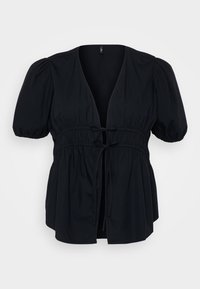 Schwarzes Oberteil mit kurzen Puffärmeln, tiefem V-Ausschnitt, elastischem Taillenbund und Bindemöglichkeit. Weicher Stoff mit lässiger Passform und subtiler Textur.